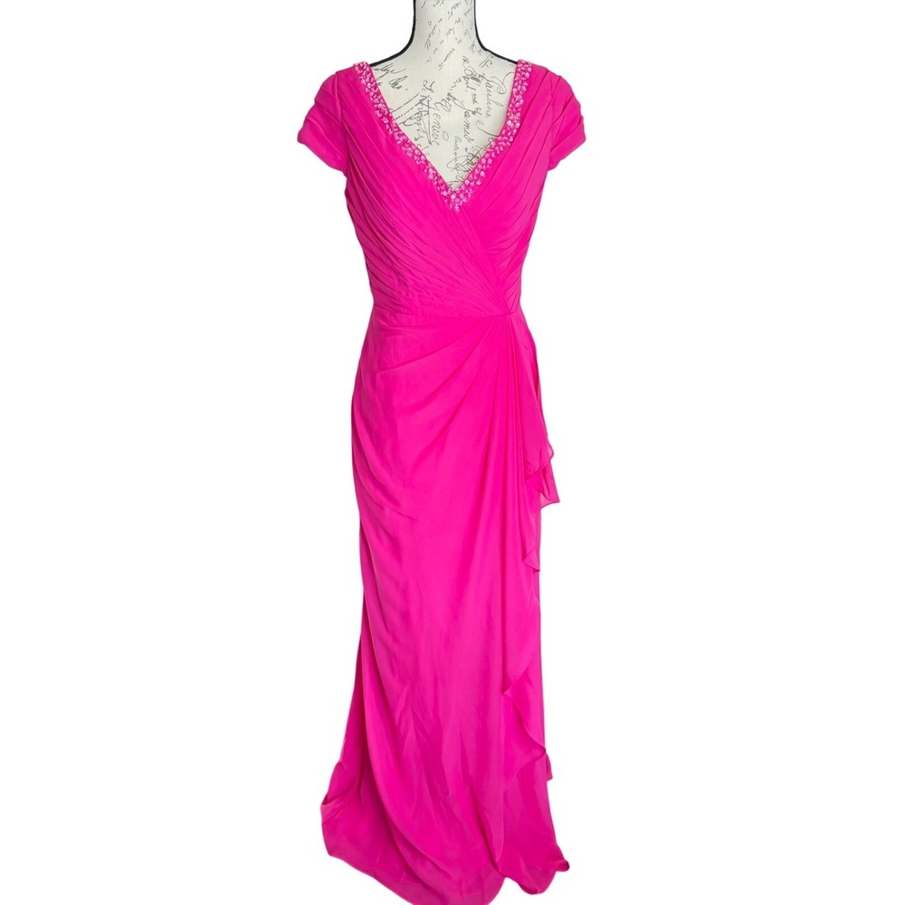 Fuschia Pink Beaded V-Neck Ruched Faux Wrap Maxi Gown Cap Sleeve Formal Dress